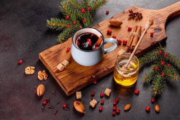 Hot mulled wine for winter and Christmas with various spices