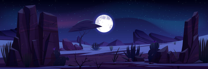Desert landscape with rocks, tropical tree, plants and cactuses at night. Vector cartoon illustration of hot sand desert in Africa with stars and moon in dark sky © klyaksun