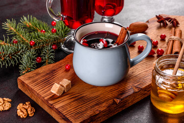 Hot mulled wine for winter and Christmas with various spices