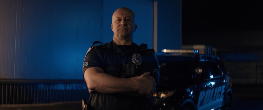 Caucasian male police officer posing against police car with flashing lights at night. Shot with anamorphic lens