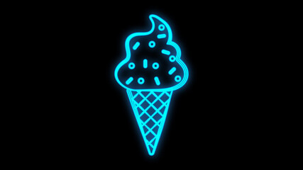 ice cream with balls in a waffle glass on a black background, vector illustration, neon. neon sign with the inscription ice cream in blue. design of catering, restaurants and cafes