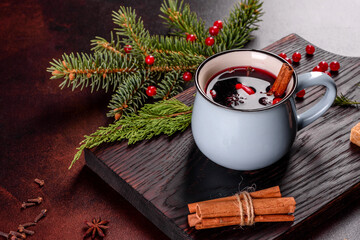 Hot mulled wine for winter and Christmas with various spices
