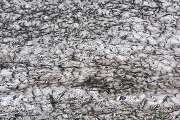 surface of a melting mountain glacier covered with dust and rubble