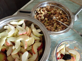 cutting fresh apples in the kitchen