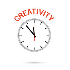  illustration of clock icon. Red arrow points to word CREATIVITY. Conceptual icon.