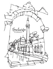 Drawing sketch illustration of Balikligol in Sanliurfa, southeast Turkey © EnginKorkmaz