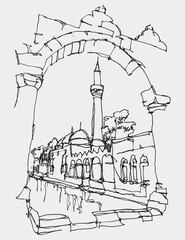 Drawing sketch illustration of Balikligol in Sanliurfa, southeast Turkey © EnginKorkmaz