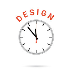  illustration of clock icon. Red arrow points to word DESIGN. Conceptual icon.
