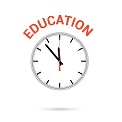 illustration of clock icon. Red arrow points to word EDUCATION. Conceptual icon.