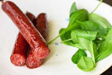 sausages smoked dry-cured meat meal bbq on the table tasty serving size top view copy space for text food background rustic