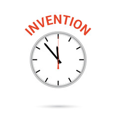  illustration of clock icon. Red arrow points to word INVENTION. Conceptual icon.