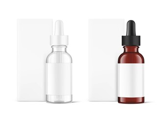 Realistic transparent and brown glass dropper bottle mockups. Vector illustration isolated on white background. Сan be used for cosmetic, medical and other needs. EPS10.	