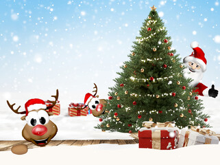 Christmas tree with Santa Claus Reindeer and gifts 3d-illustration