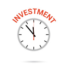 illustration of clock icon. Red arrow points to word INVESTMENT. Conceptual icon.