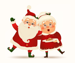 Mrs. Claus Together. Vector cartoon character of Happy Santa Claus and his wife isolated. Christmas family celebrate winter holidays. Cute, funny Santa Claus with Mrs. Claus waving hands and greeting
