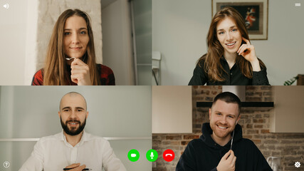 A desktop computer screen view of the telecommunications application during a video chat on which colleagues are happy to see each other alive. A multi-ethnic business team in an online meeting