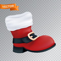 Red boot of Santa Claus with a white fur and a black belt with a golden buckle. Realistic vector illustration of an empty close up Christmas footwear isolated on a transparent background