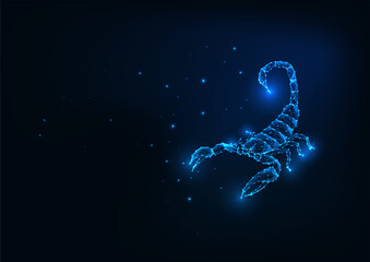 Futuristic glowing low polygonal scorpion isolated on dark blue background.