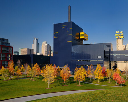 Colorful Maple Trees At The Guthrie Theater In Minneapolis With Gold Medal Flour Silos In Autumn Minneapolis, Minnesota - October 11, 2008