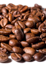 Heap of fresh roasted coffee beans isolated on white background as package design elements