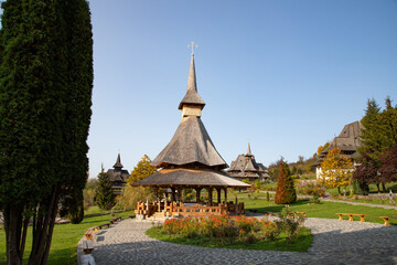 BARSAN, ROMANIA - OCTOBER 28, 2020: View of Barsana Wooden Monastery site in Maramures County, Romania.