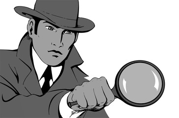 Male detective investigating with a magnifying glass. Looking for evidence. Dressed in a retro raincoat and hat. Place for text. Vector monochrome illustration in pop art style on a white background.