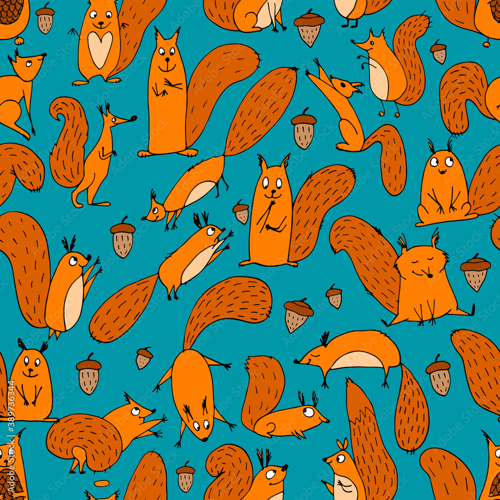 Aufkleber funny squirrel with nut, seamless pattern for your design