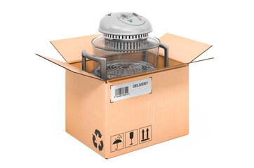 Fan-assisted oven inside cardboard box, delivery concept. 3D rendering