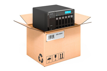 NAS network-attached storage inside cardboard box, delivery concept. 3D rendering