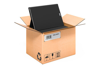 Tablet computer inside cardboard box, delivery concept. 3D rendering