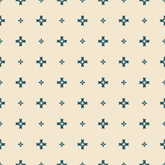 Simple floral pattern. Vector minimalist seamless texture with small flower shapes. Abstract minimal geometric background. Dark blue and beige color. Repeat design for print, textile, decor, wrapping