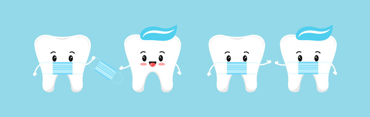 Tooth with medical mask give protective virus mask to tooth with paste on head and he wear it on himself. Flat design cartoon concept of dental character vector illustration for dentist prevention.