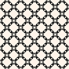 Vector abstract monochrome seamless pattern with carved grid, lattice, crosses, diamond shapes, squares, floral silhouettes. Black and white geometric texture. Elegant background. Repeatable design