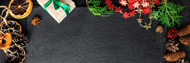 christmas background new year gift festive table setting holidays party new year top view copy space for text food background rustic