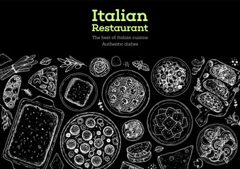 Italian Cuisine Menu. Top view. Sketch illustration. Italian food. Design template. Hand drawn illustration. Black and white. Engraved style. Pasta and pizza, antipasto. Authentic dishes.