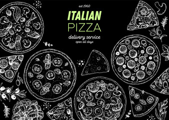 Italian Pizza. Top view. Design template. Pizza sketch. Hand drawn illustration. Different pizza. Packaging or menu. Black and white