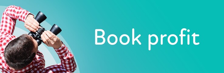 Fototapeta premium Book profit. Man observing with binoculars. Focus on text/word. Panorama format. Blue/turquoise background.