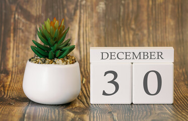 Flower pot and calendar for the snow season from 30 December. Winter time.