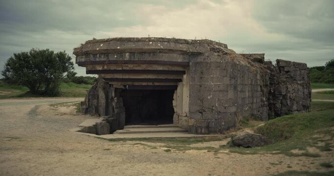 Pan right, war bunker in Normandy