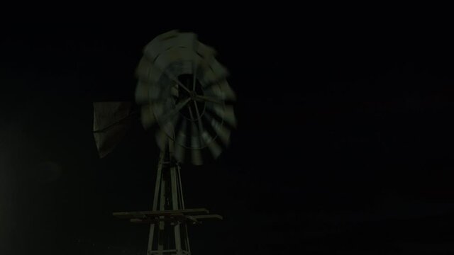 Low angle, farm windmill at night