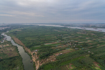 Fototapeta na wymiar Hanoi fields on Red River Delta in Vietnam Aerial Drone Photo