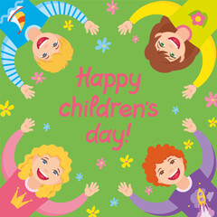 Happy children's day card with 4 kids characters. Vector illustration, cartoon character design, poster, banner