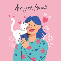 The cat stands on the shoulder of the girl and lickes her nose. No more kisses. Vector illustration, character design, poster, poster, print