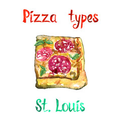 Pizza types, St. Louis isolated on white hand painted watercolor illustration with handwritten inscription - 389739508