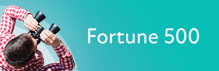 Fototapeta premium Fortune 500. Man observing with binoculars. Focus on text/word. Panorama format. Blue/turquoise background.