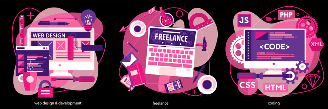 Programming and coding, scripting and website development, and freelance concepts