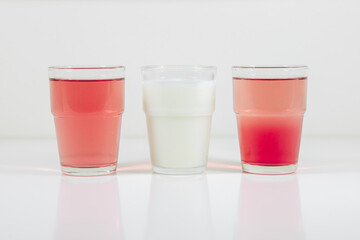 Glasses of lemonade in colors representing flag of Denmark. It is a photo in a series of similar photos perfect to use in a quiz.