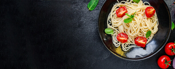 spaghetti pasta vegetable tomato eat gluten free dish top view copy space for text food background rustic