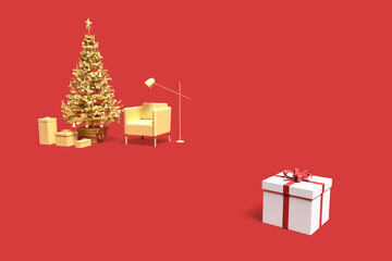 Minimalistic interior scene with Christmas tree and gift boxes. 3D rendering