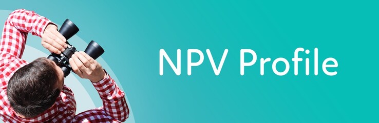 Fototapeta premium NPV Profile. Man observing with binoculars. Focus on text/word. Panorama format. Blue/turquoise background.